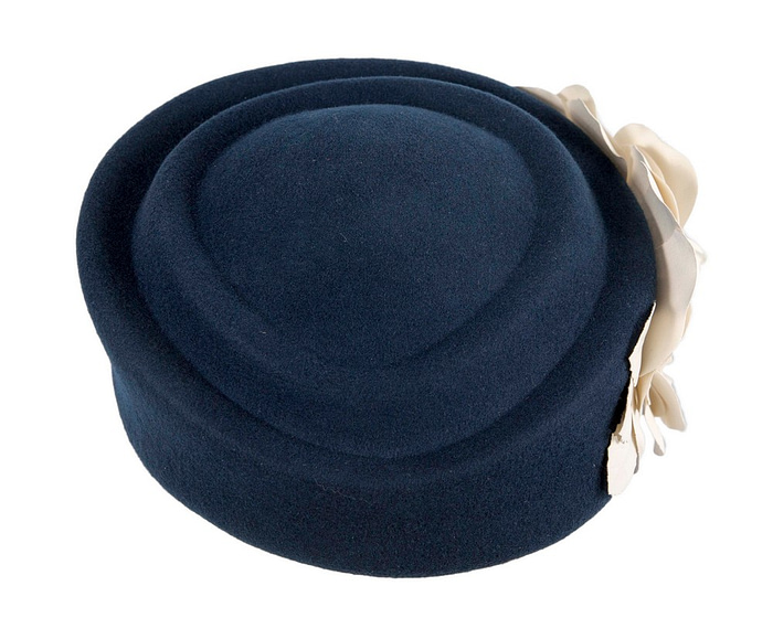 Large navy & cream felt beret with leather flower - Hats From OZ