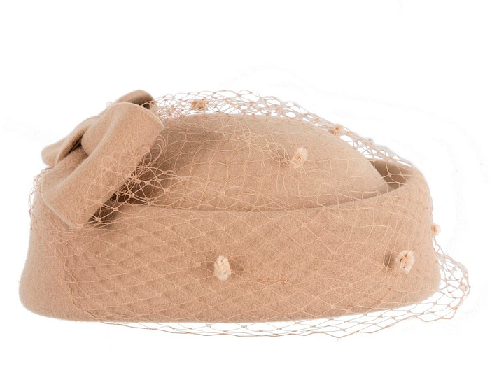 Beige felt pillbox hat with face veil by Max Alexander - Hats From OZ