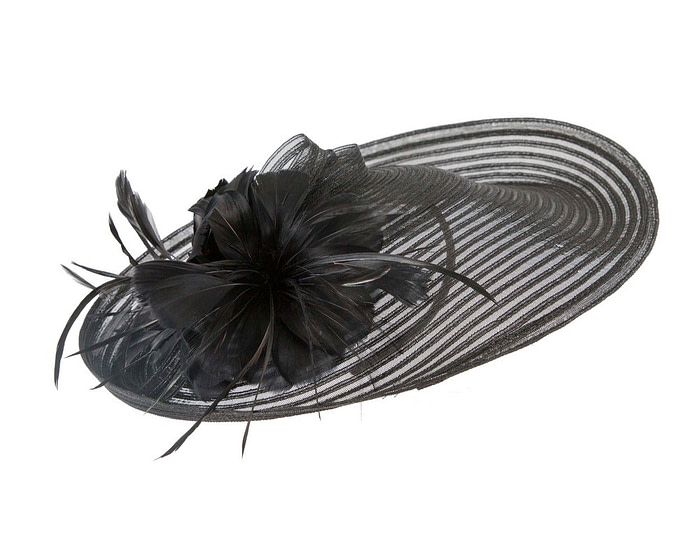 Large black fascinator with feather flower - Hats From OZ