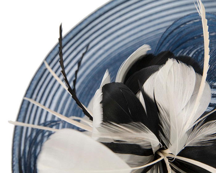 Large navy fascinator with feather flower - Hats From OZ