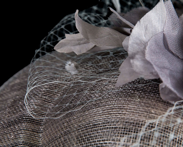 Silver sinamay fascinator with flower and veil - Hats From OZ