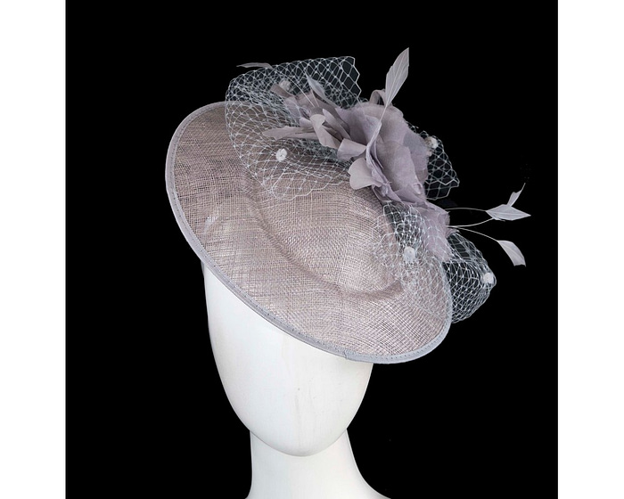 Silver sinamay fascinator with flower and veil - Hats From OZ