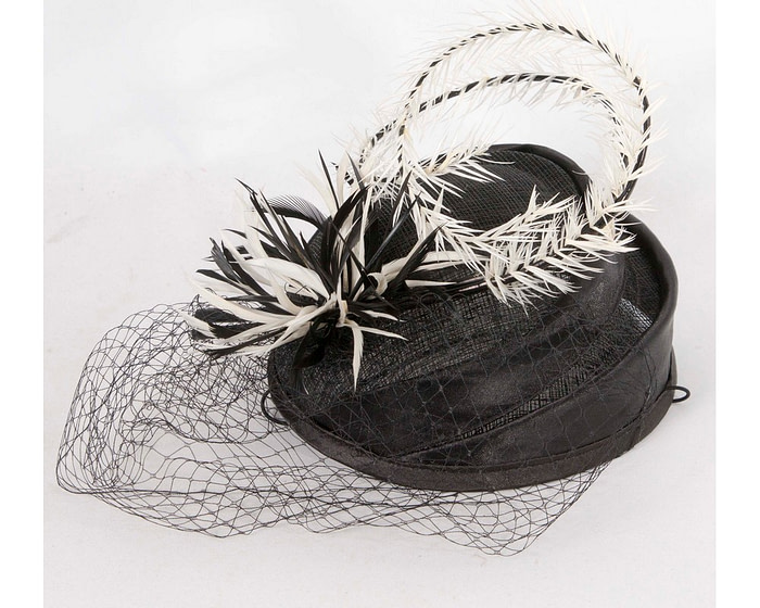 Black and Cream pillbox fascinator with face veil - Hats From OZ
