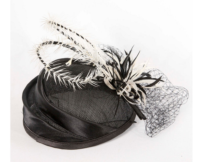 Black and Cream pillbox fascinator with face veil - Hats From OZ