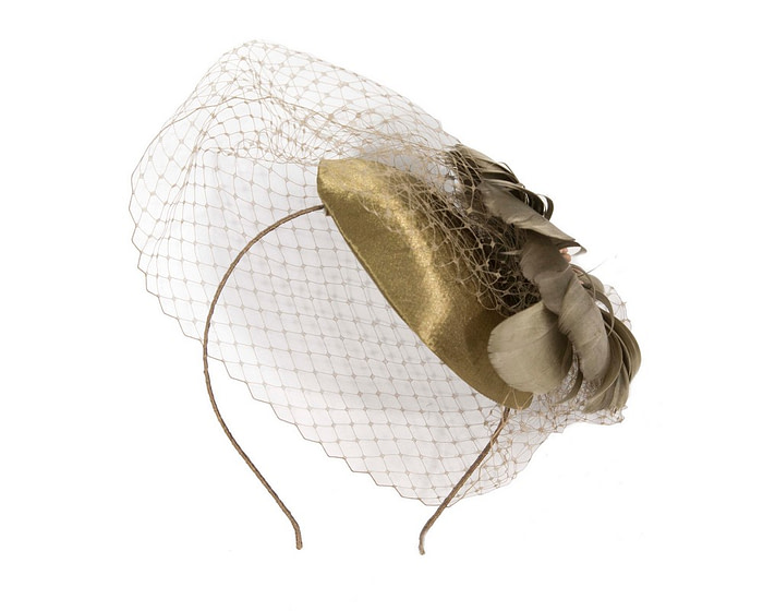 Olive fascinator with feather and veil - Hats From OZ