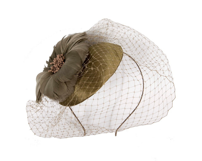 Olive fascinator with feather and veil - Hats From OZ