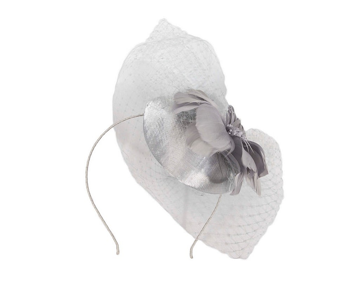Silver fascinator with feather and veil - Hats From OZ