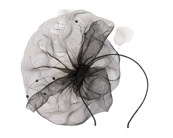 Large black fascinator with white flower - Hats From OZ