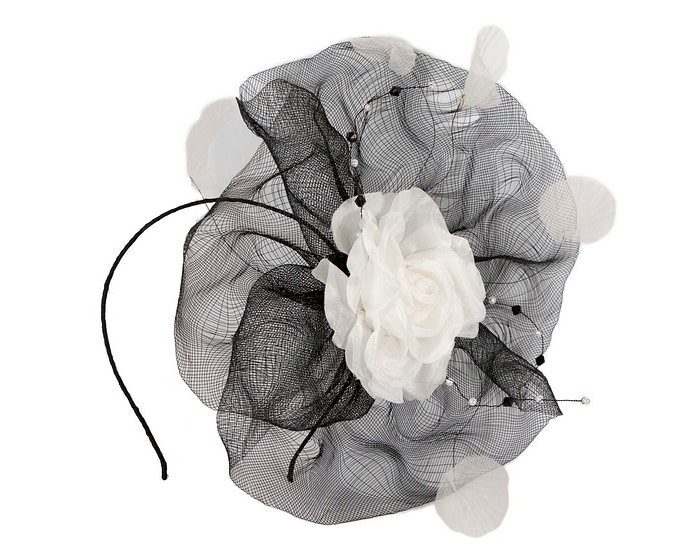 Large black fascinator with white flower - Hats From OZ