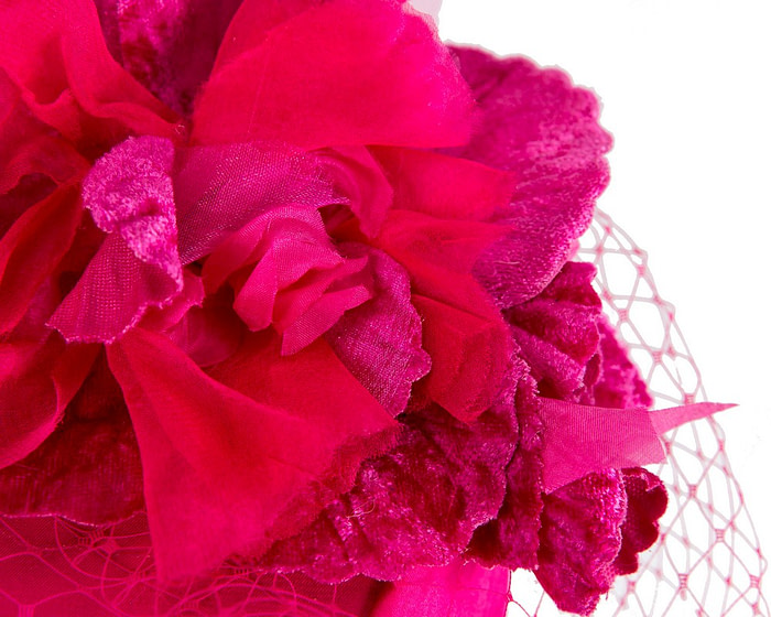 Custom made fuchsia pillbox hat with flowers & face veiling - Hats From OZ