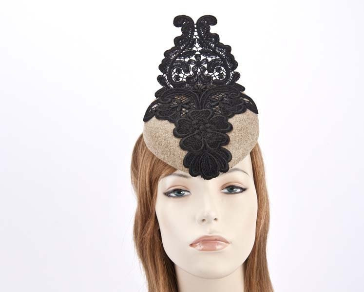 Beige pillbox fascinator with black lace F585BE - Hats From OZ UK Beige pillbox fascinator with black lace F585BE