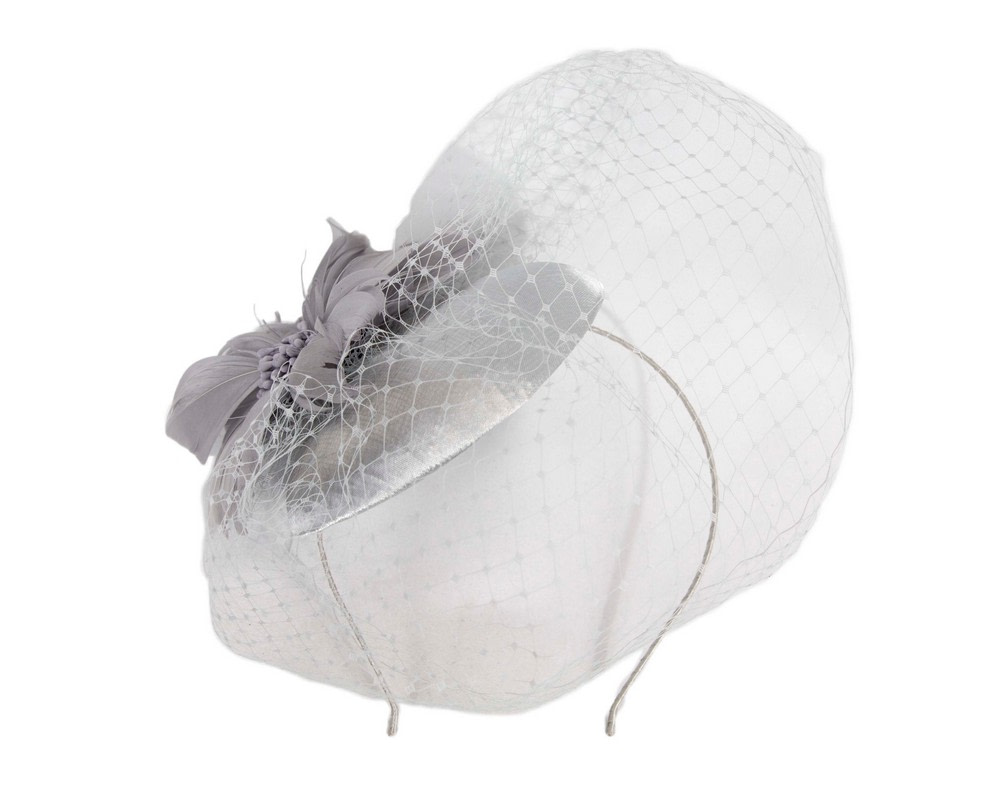 Silver fascinator with feather and veil Online in Australia | Hats From OZ