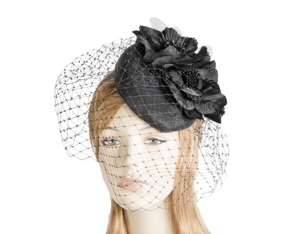 Black pillbox with flower & veil by Fillies Collection Online in