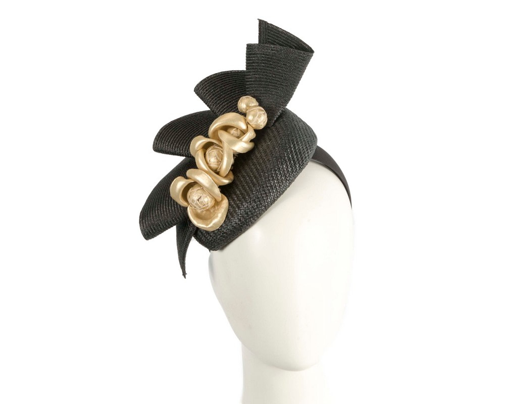 Black pillbox with gold leather flowers by Fillies Collection - Hats From OZ