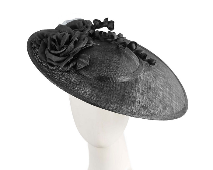 Large black sinamay fascinator hat with flowers by Max Alexander