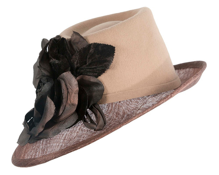 Exclusive coffee ladies winter fashion hat with flower by Cupids Millinery - Image 2
