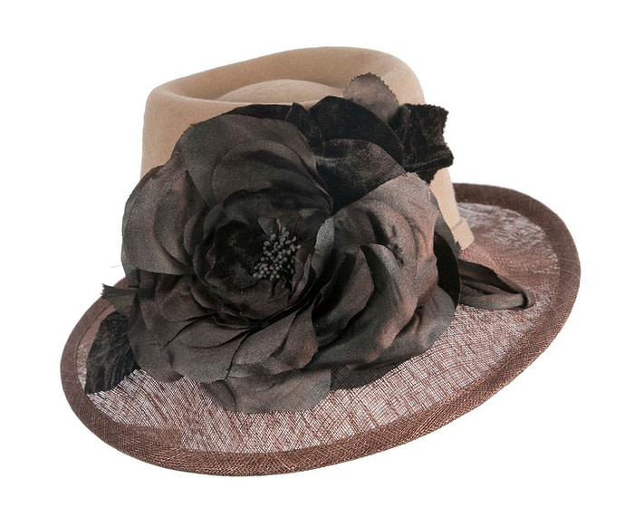 Exclusive coffee ladies winter fashion hat with flower by Cupids Millinery - Image 4