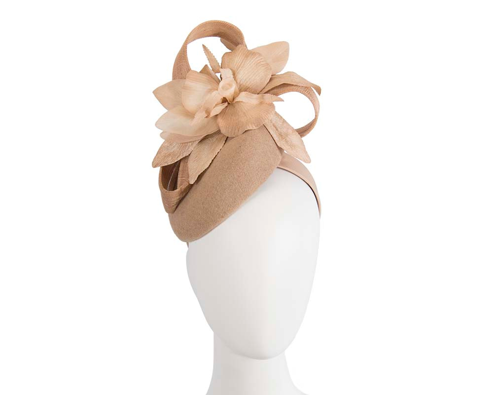 Bespoke beige pillbox winter fascinator with flower by Fillies Collection