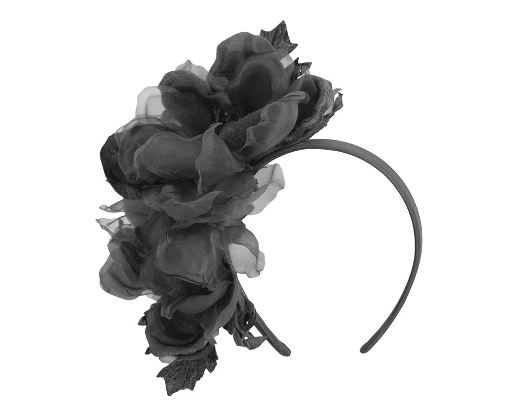 Large black flower headband fascinator by Fillies Collection - Fascinators.com.au Large black flower headband fascinator by Fillies Collection - Image 2