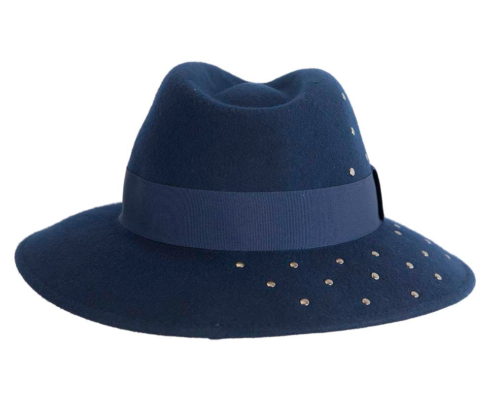 Wide brim navy felt fedora with studs by Max Alexander - Fascinators.com.au Wide brim navy felt fedora with studs by Max Alexander - Image 5