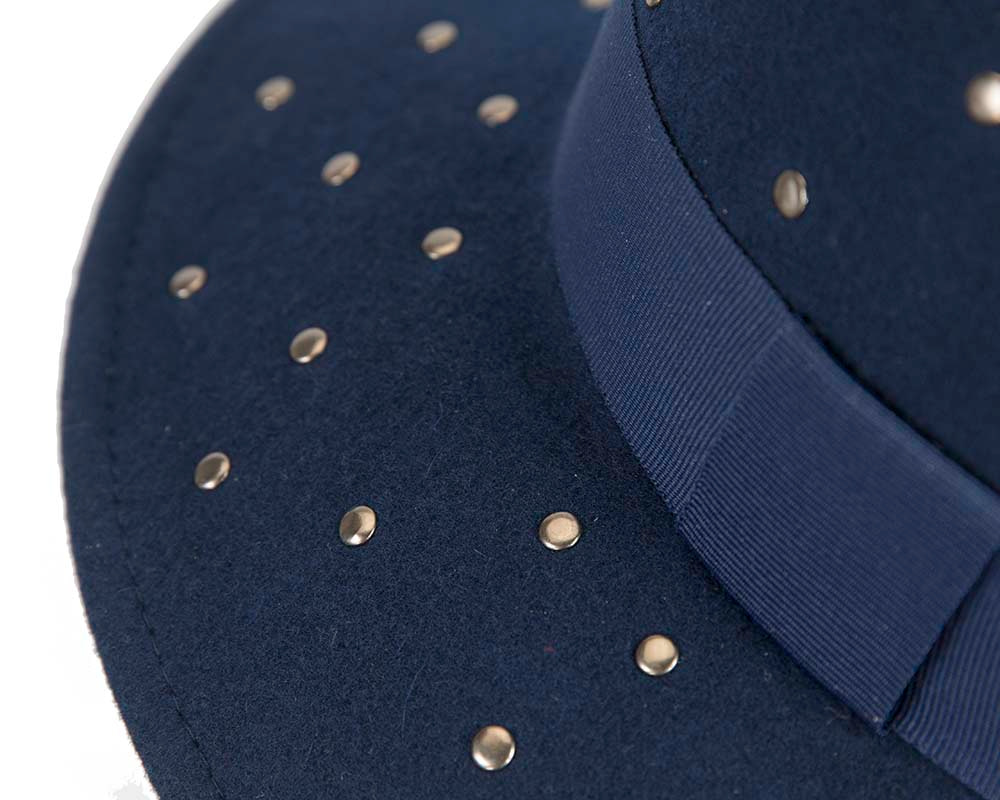 Wide brim navy felt fedora with studs by Max Alexander - Fascinators.com.au Wide brim navy felt fedora with studs by Max Alexander - Image 4