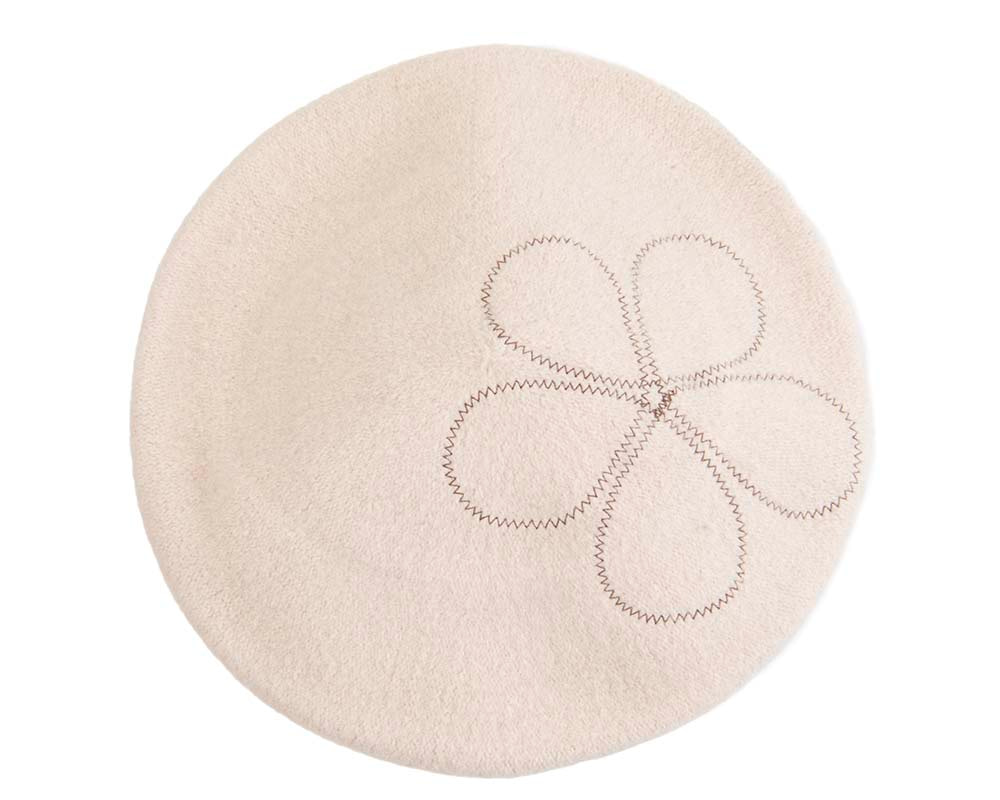 Warm nude and brown woolen embroidered European Made beret - Image 2