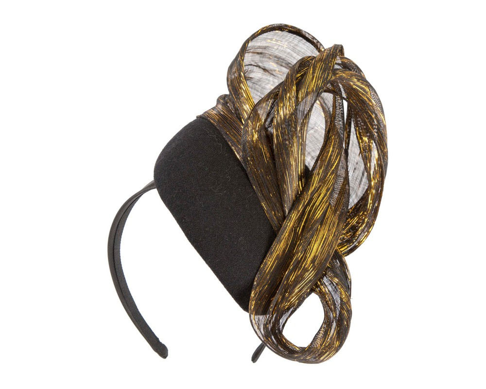 Bespoke black & gold winter racing pillbox with bow by Fillies Collection - Image 2