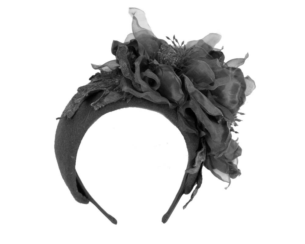 Wide black headband fascinator silk flower by Fillies Collection - Image 2