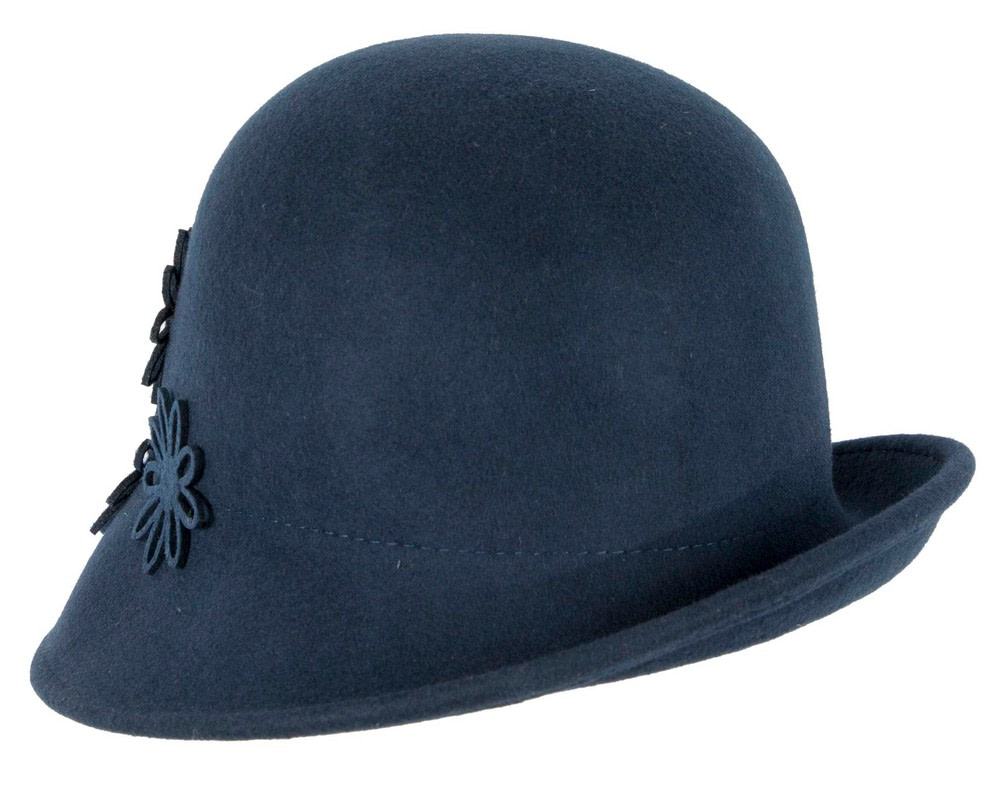 Navy cloche winter felt hat with laser-cut flowers by Max Alexander - Image 3