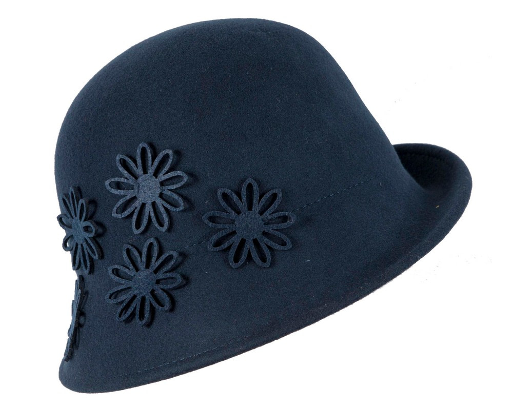 Navy cloche winter felt hat with laser-cut flowers by Max Alexander - Image 2
