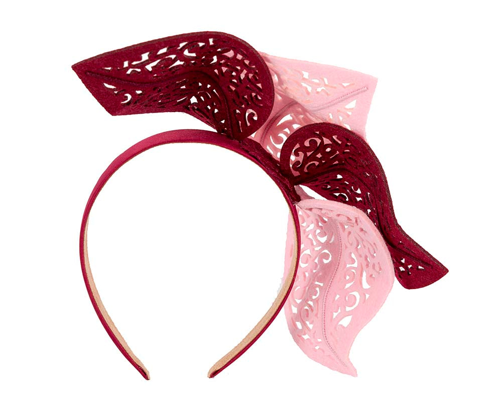 Modern burgundy and pink fascinator for races by Max Alexander - Image 4