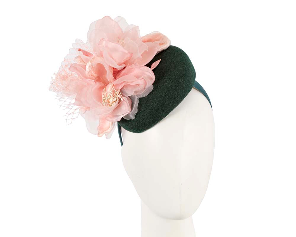 Green & pink winter pillbox fascinator with flower by Fillies Collection