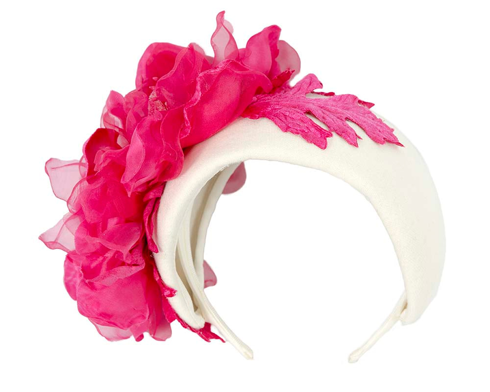 Wide cream & fuchsia headband fascinator silk flower by Fillies Collection - Image 4