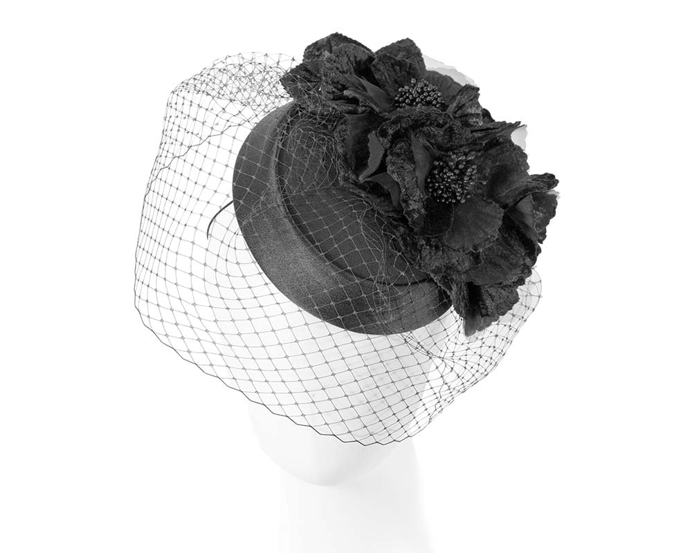 Black pillbox hat with flowers and veil by Cupids Millinery