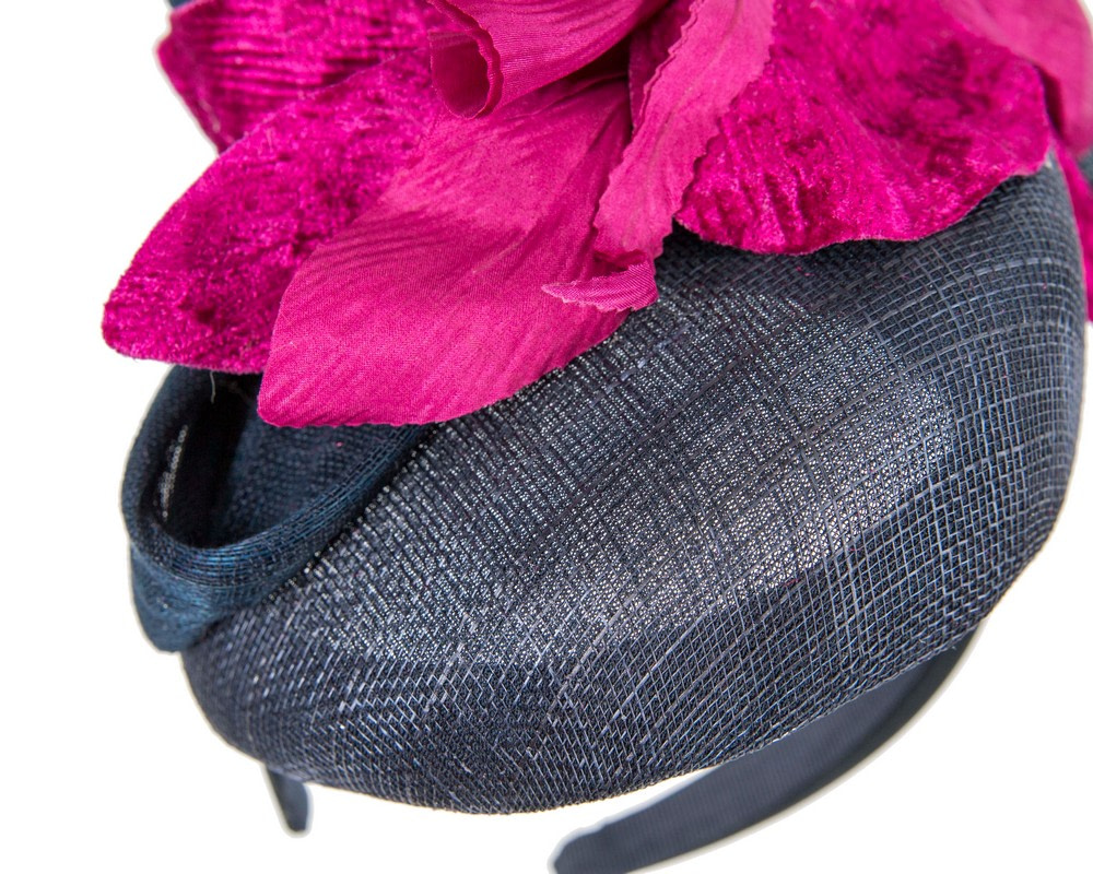 Bespoke navy pillbox racing fascinator with purple flower by Fillies Collection - Image 5