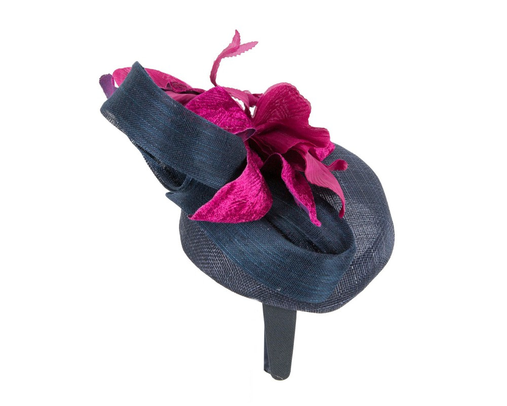 Bespoke navy pillbox racing fascinator with purple flower by Fillies Collection - Image 4
