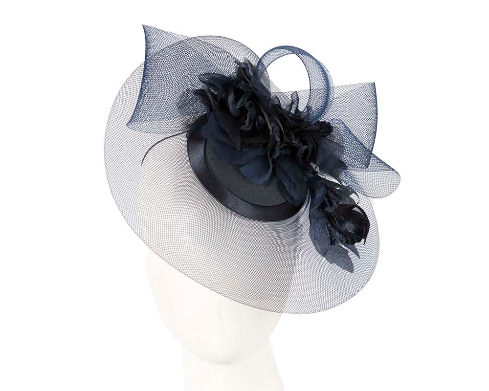 French navy cocktail hat with flowers by Cupids Millinery