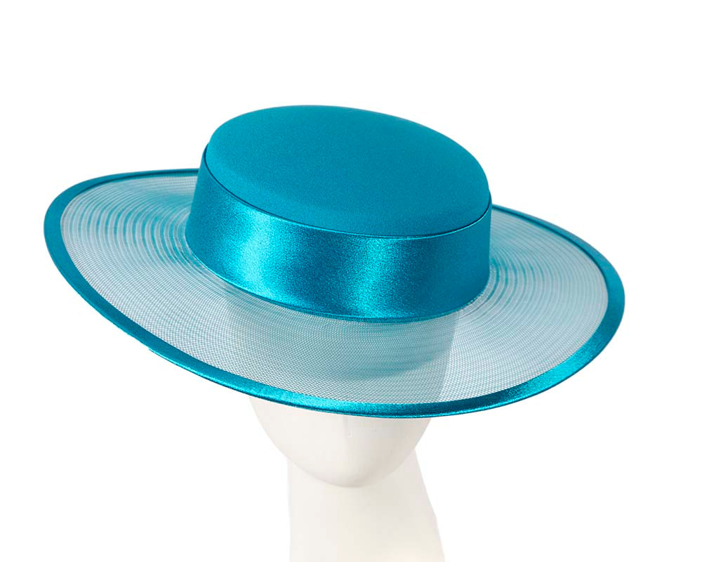 Custom made turquoise boater hat by Cupids Millinery