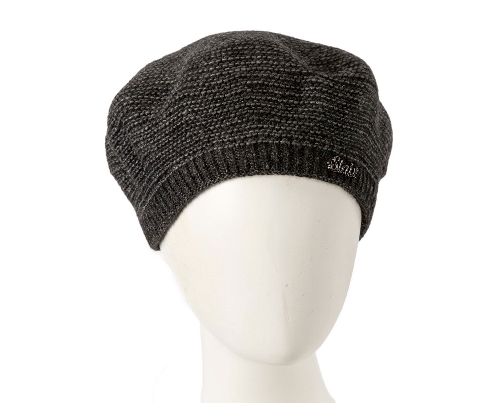 Classic warm crocheted charcoal wool beret. Made in Europe