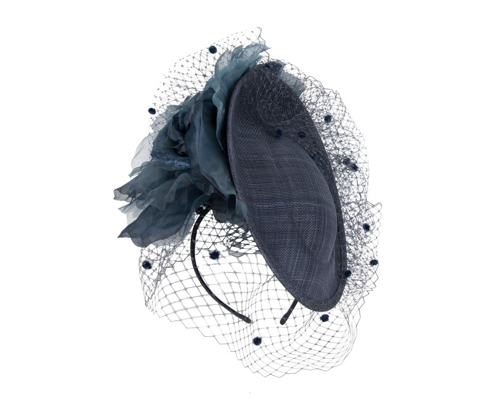 Traditional navy fascinator with flowers and face veil - Image 2