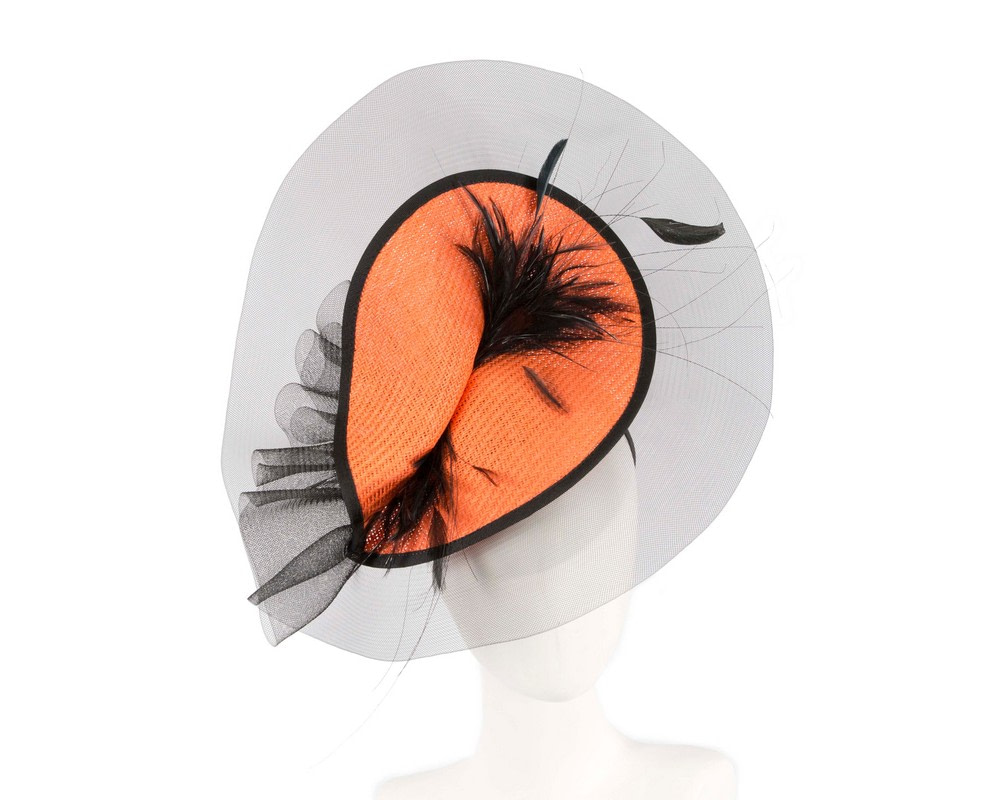 Large orange & black fascinator with feathers by Fillies Collection