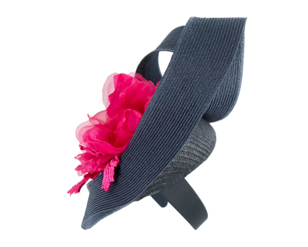 Large navy fascinator with fuchsia flower by Fillies Collection - Image 3
