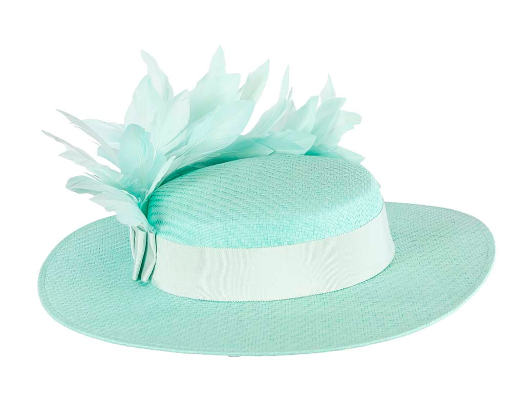 Aqua boater hat with feathers by Max Alexander - Fascinators.com.au Aqua boater hat with feathers by Max Alexander - Image 4