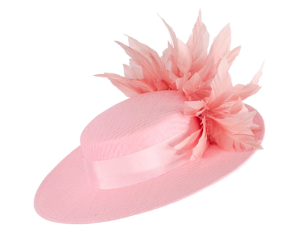 Pink boater hat with feathers by Max Alexander - Fascinators.com.au Pink boater hat with feathers by Max Alexander - Image 2