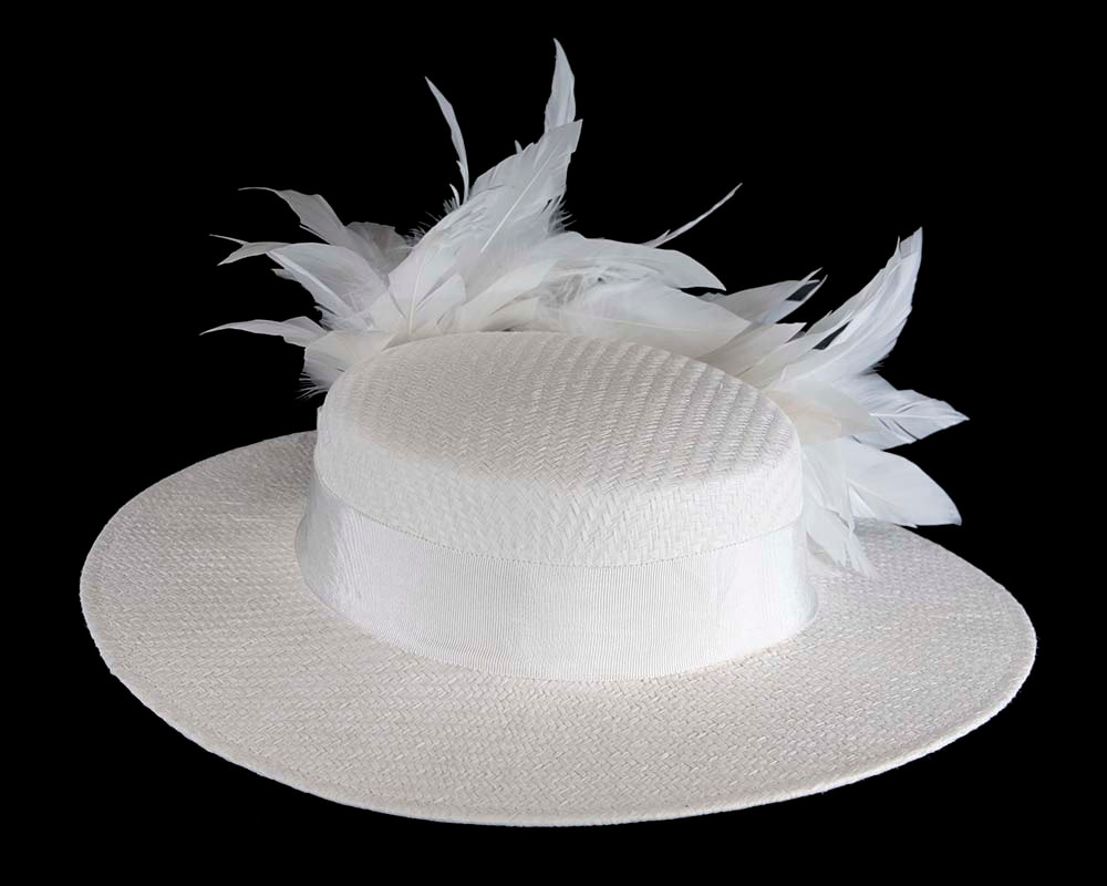 White boater hat with feathers by Max Alexander - Fascinators.com.au White boater hat with feathers by Max Alexander - Image 5