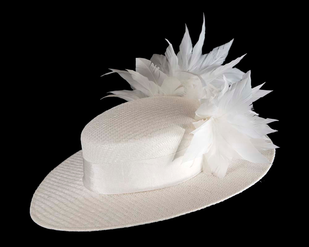 White boater hat with feathers by Max Alexander - Fascinators.com.au White boater hat with feathers by Max Alexander - Image 3