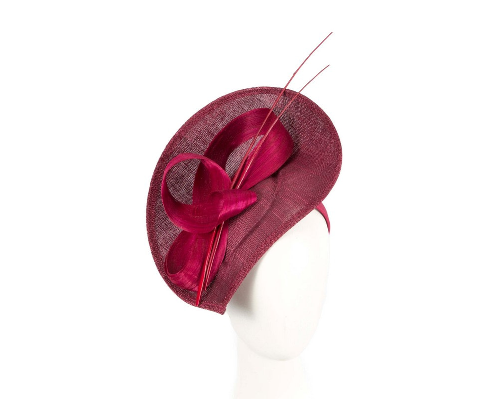 Burgundy fascinator with bow and feathers