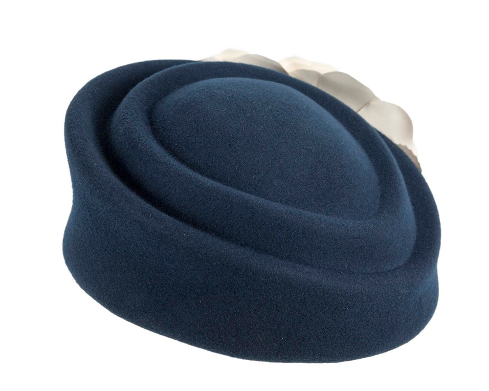Navy & cream felt beret with leather flower - Fascinators.com.au Navy & cream felt beret with leather flower - Image 6