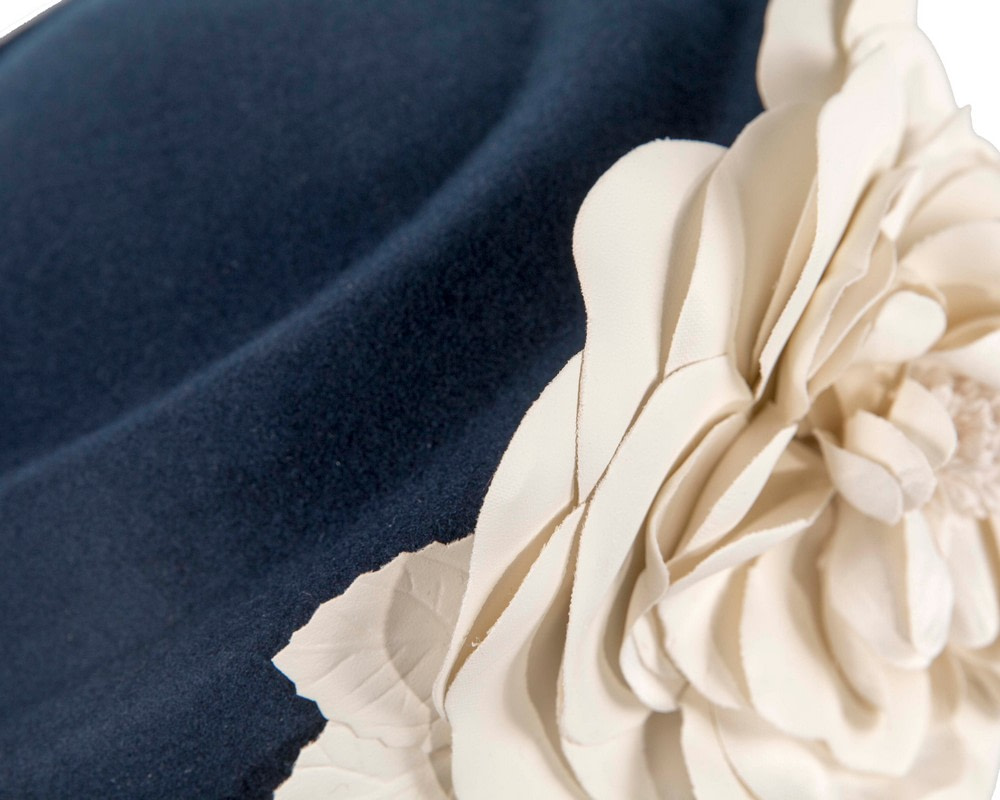 Navy & cream felt beret with leather flower - Fascinators.com.au Navy & cream felt beret with leather flower - Image 5