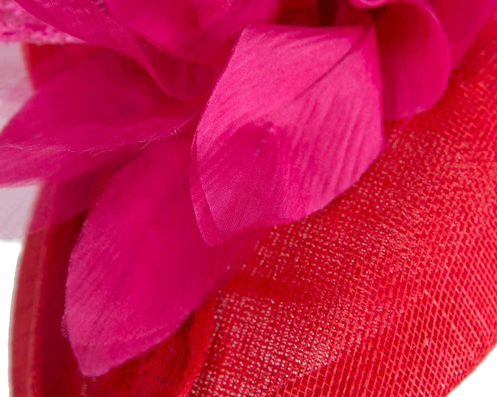 Bespoke red pillbox racing fascinator with fuchsia flower by Fillies Collection - Image 5